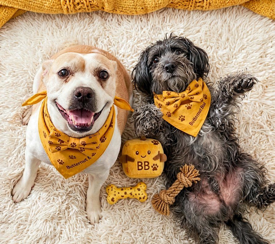 Two happy dogs in yellow Butternut Box bandanas lying side by side on the rug with their toys